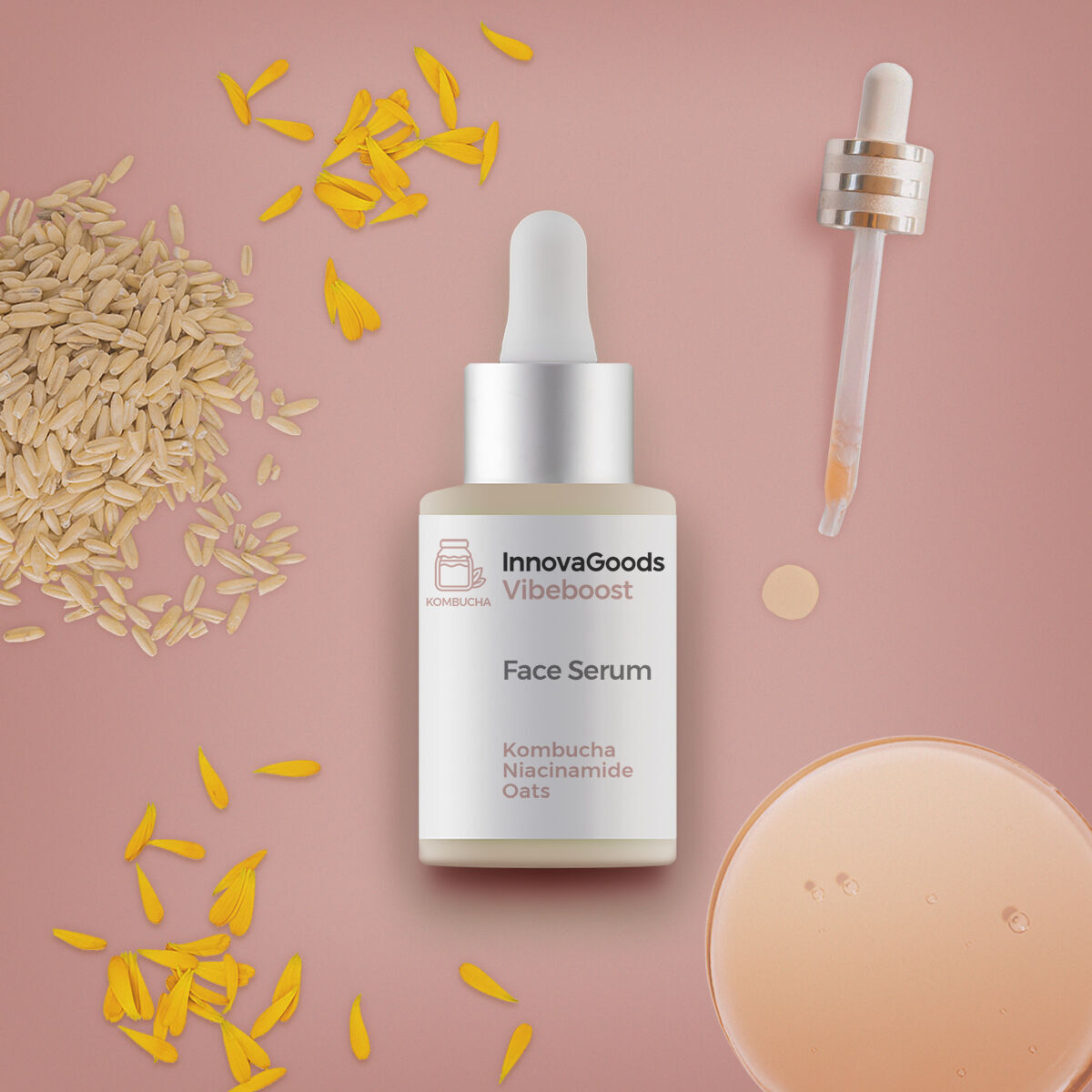 Pack Massaggiatore Viso Rassodante con LED, EMS e Calore e Siero Viso Kombucha Vibeboost 30 ml InnovaGoods