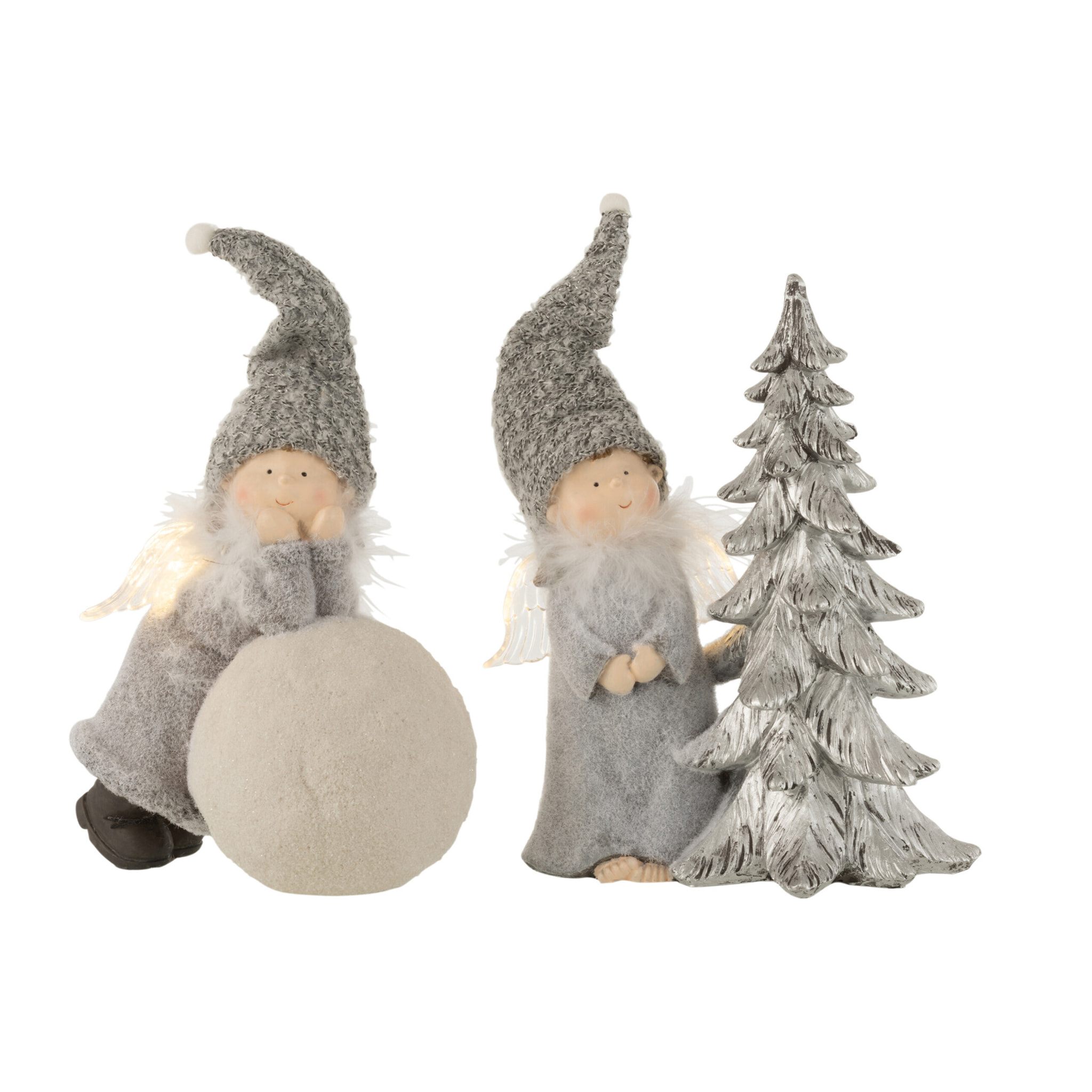 J-Line figurine de Noël Ange Boule + Arbre - polyrésine - gris - large - 2 pcs