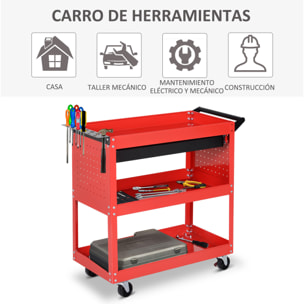 Carro de Taller, Carro de Herramientas con 3 Bandejas y Cajón, Ruedas con Frenos, Asa Lateral, Panel Lateral Perforado, para Garaje Mecánico, Hogar, Rojo