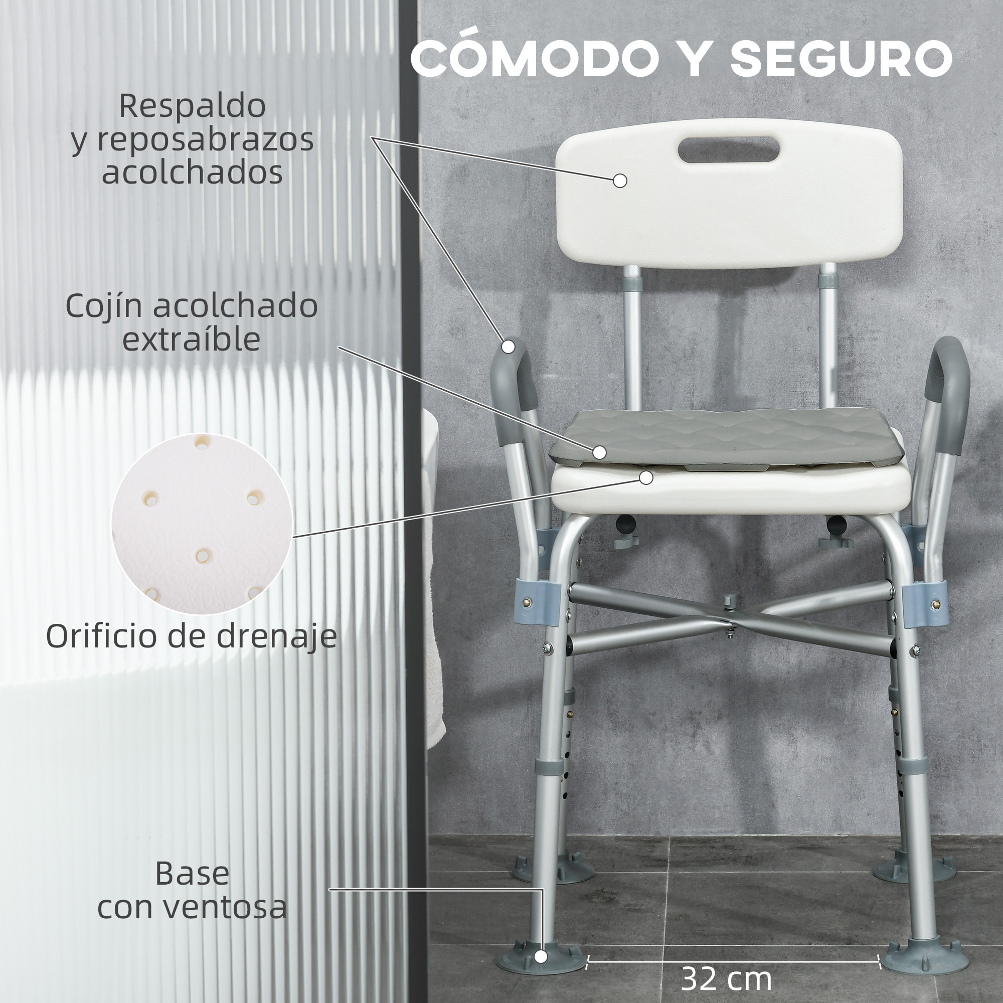 Silla Ducha Personas Mayores con Respaldo, Silla de Ducha Antideslizante con Reposabrazos, Altura Ajustable, Cojín Acolchado Extraíble, Carga 136 kg, para Ancianos y Discapacitados