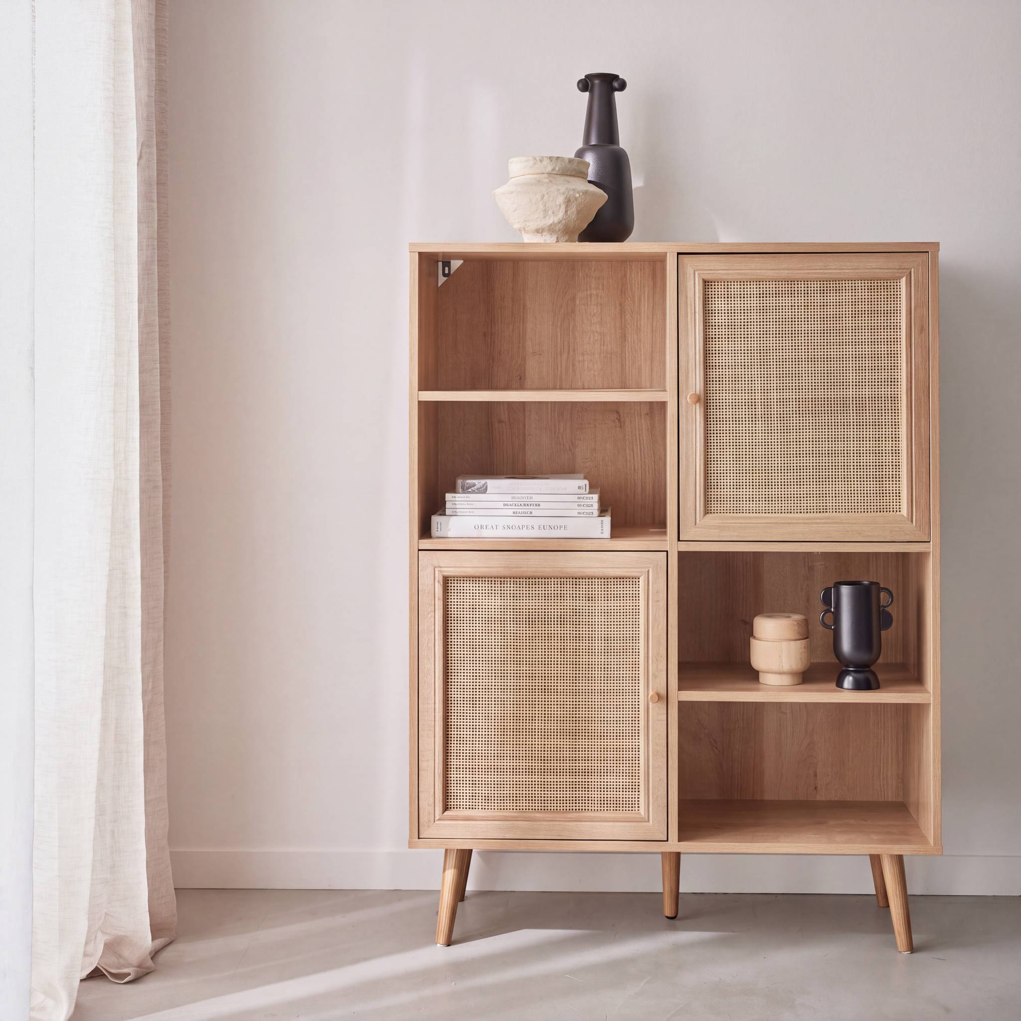 Buffet décor bois et cannage 2 portes 90cm BOHÈME