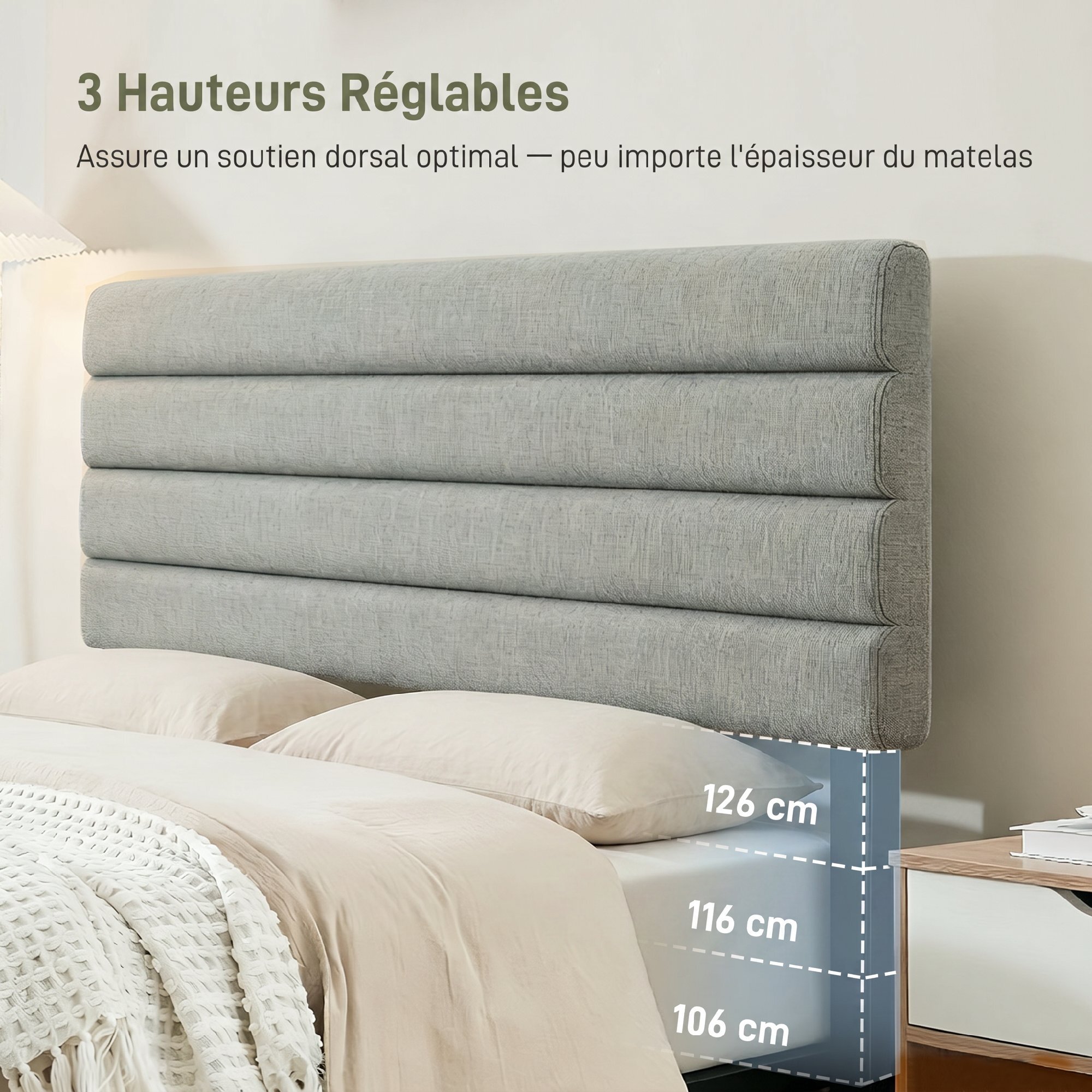 Tête de lit matelassée hauteur réglable 3 niveaux dim. L.140 x P.10 x H.106/116/126 cm tissu gris