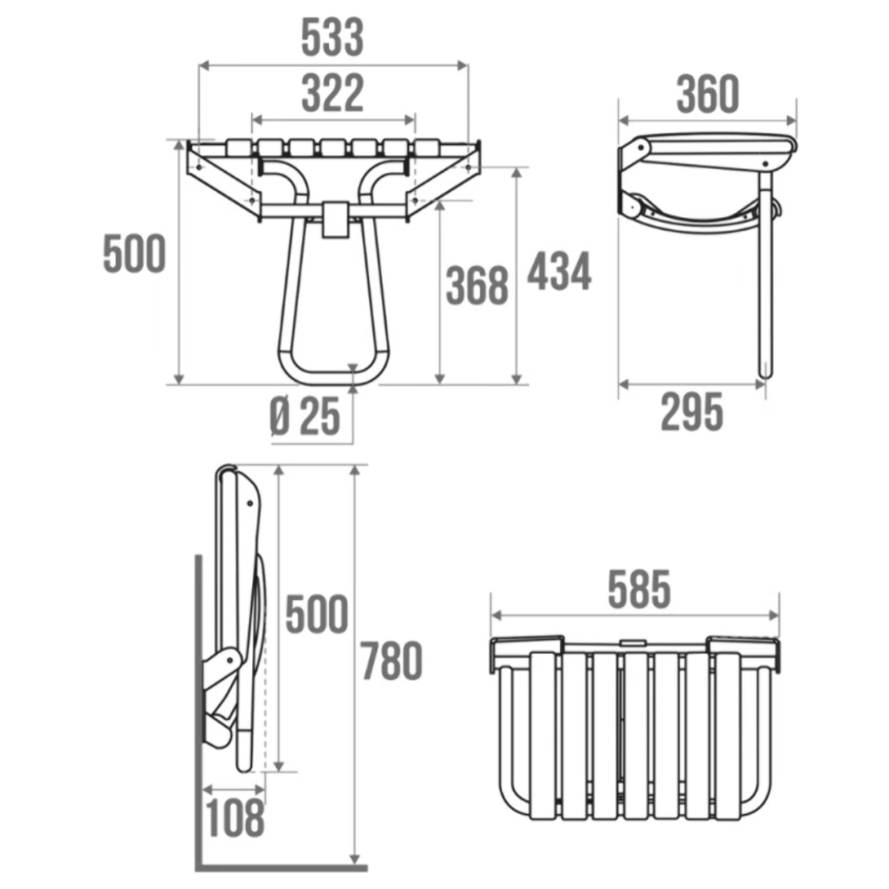 Siége de douche PMR PELLET Essentiel confort assise large avec pied aluminium époxy gris lattes taupe