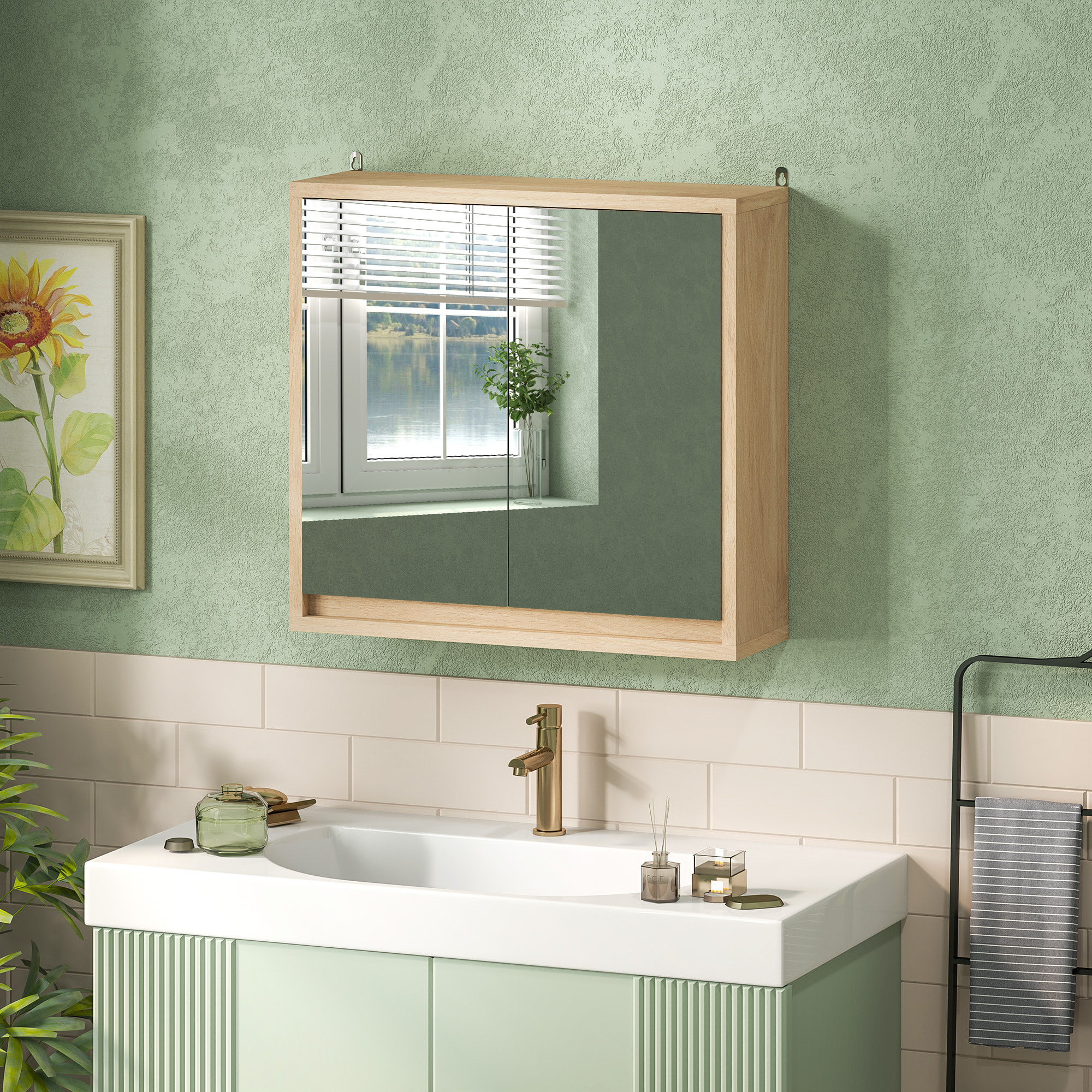 Armario de Baño con Espejo con 2 Puertas y Estante Ajustable Mueble Colgante de Baño para Aseo Estilo Moderno 48x14,5x45 cm Madera Natural