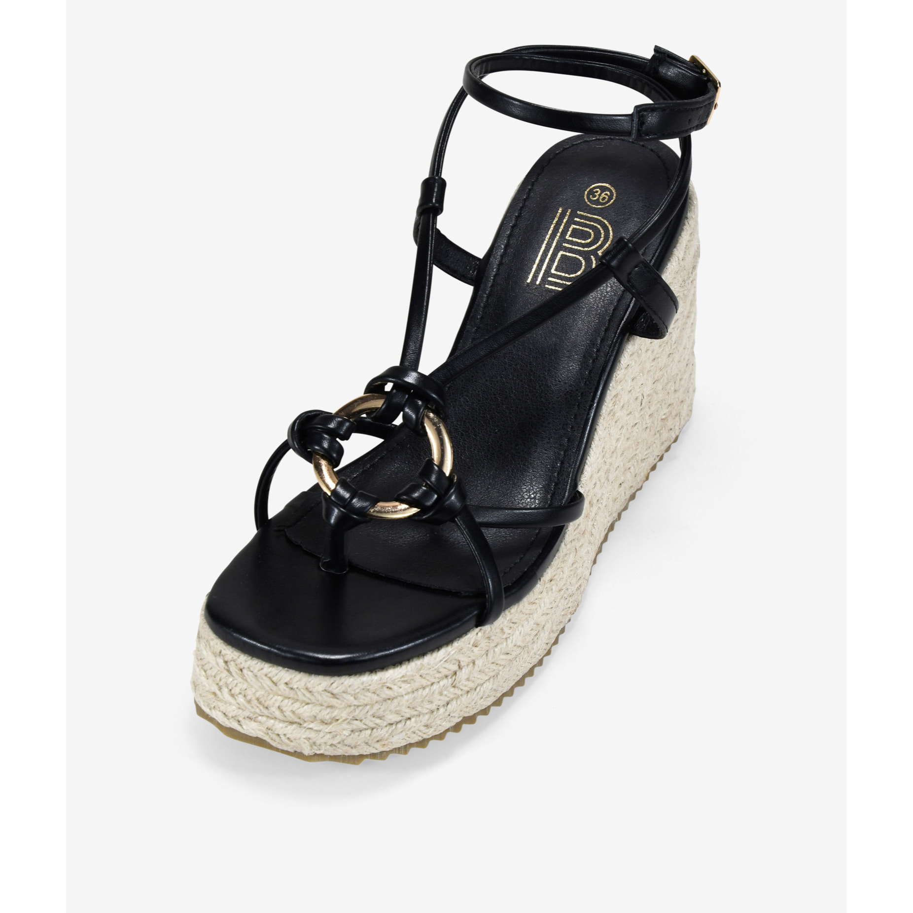 Sandalias de cuña negras con rafia