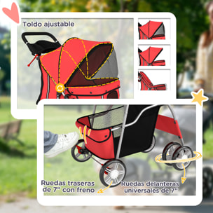 Carrito para Perros Plegable, Cochecito para Perros Pequeños con Cesta de Almacenaje, Ventanas de Malla, Portavasos, Ruedas de EVA, Cojín Lavable, Frenos, Carga 10 kg, 77x44x102 cm, Rojo