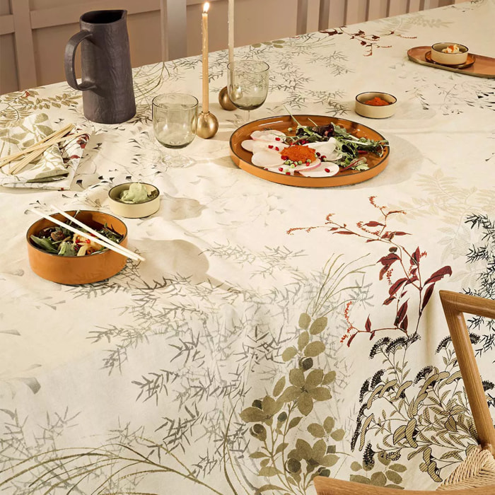 Nappe lin & coton lavé 150 g/m² imprimé beige Bambous parchemin