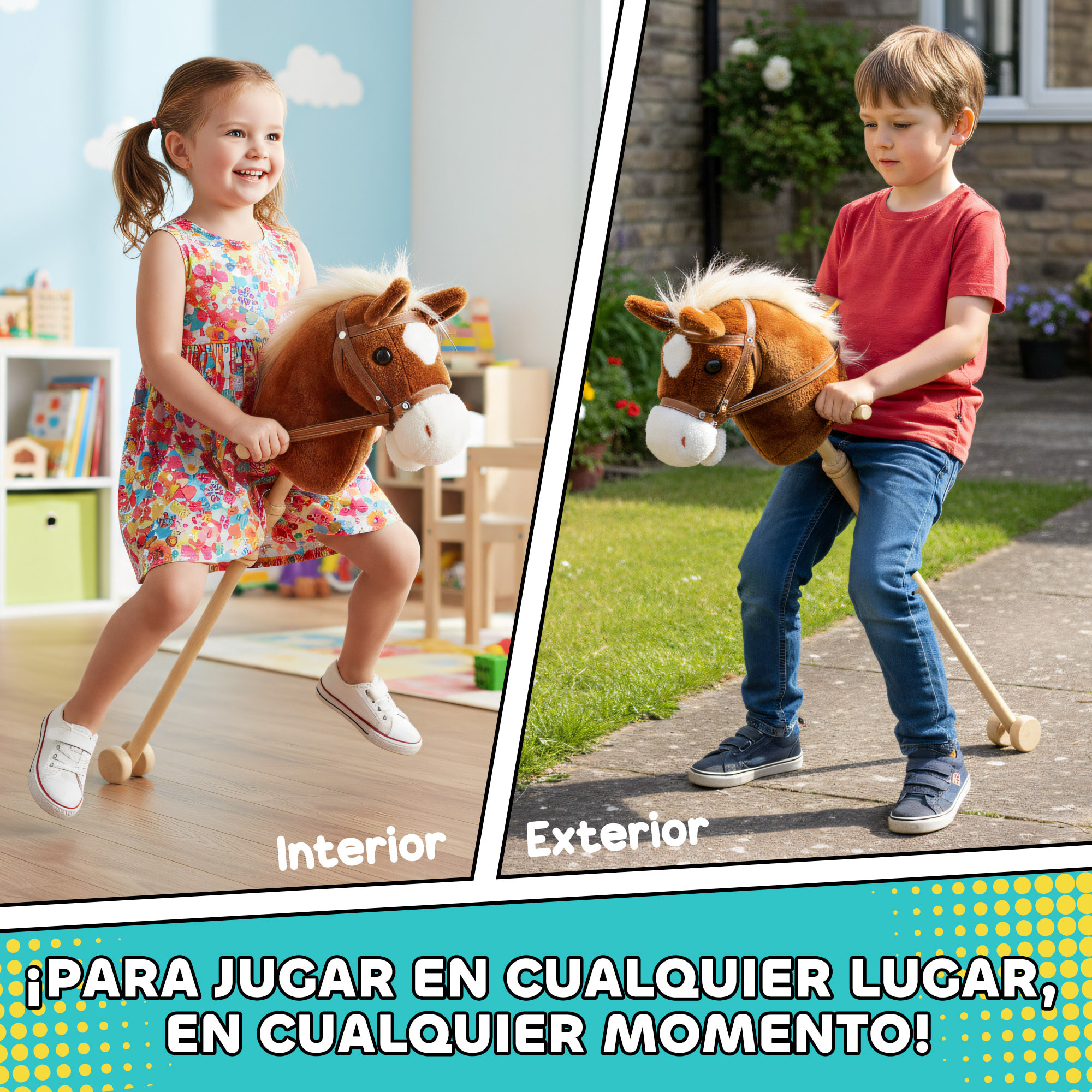 Cabeza de Caballo con Palo de Madera, Sonidos y Ruedas, Caballo de Juguete, 95 cm de Altura, Marrón