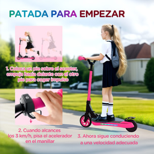 Patinete Eléctrico Plegable MAX 10 KM/H Patín Eléctrico de +6 Años Motor 120 W Autonomía 6 KM Ruedas de 5" - 5,5" Freno Posterior Altura Ajustable Luces LED y Marco de Aluminio Rosa