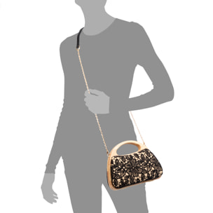 Ausa bolso de mano fabricado en madera natural, con papel trenzado y jute diseño malla de tejido floral