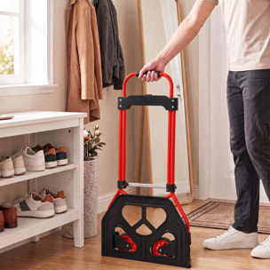 Carretilla Plegable con Mango Telescópico Ajustable, Carga 60 kg, Carretilla de Mano con Ruedas, para Garaje, Oficina, Equipaje, Viajes, Mudanzas y Compras, Rojo