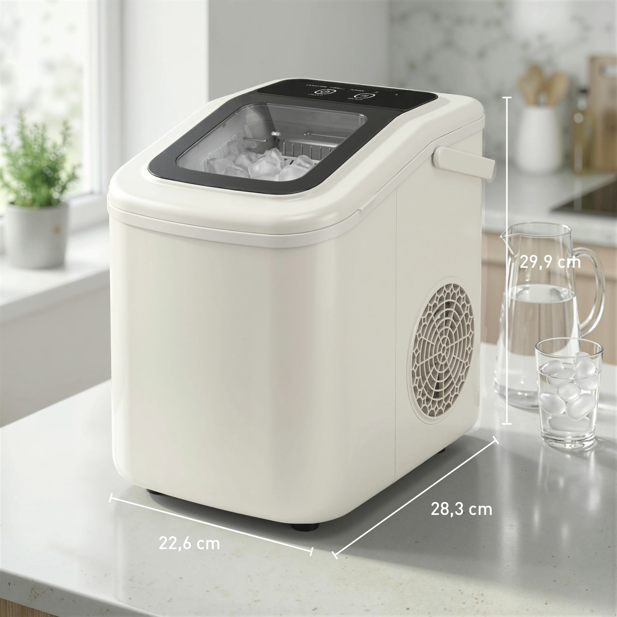 Máquina de Hielo, Máquina de Cubitos de Hielo Autolimpiable, 12 kg/24H, 9 Cubitos Listos en 7 Minutos, 2 Tamaños de Hielo, 1,2L Depósito, para Hogar, Cocina, Oficina, Bar, Beige