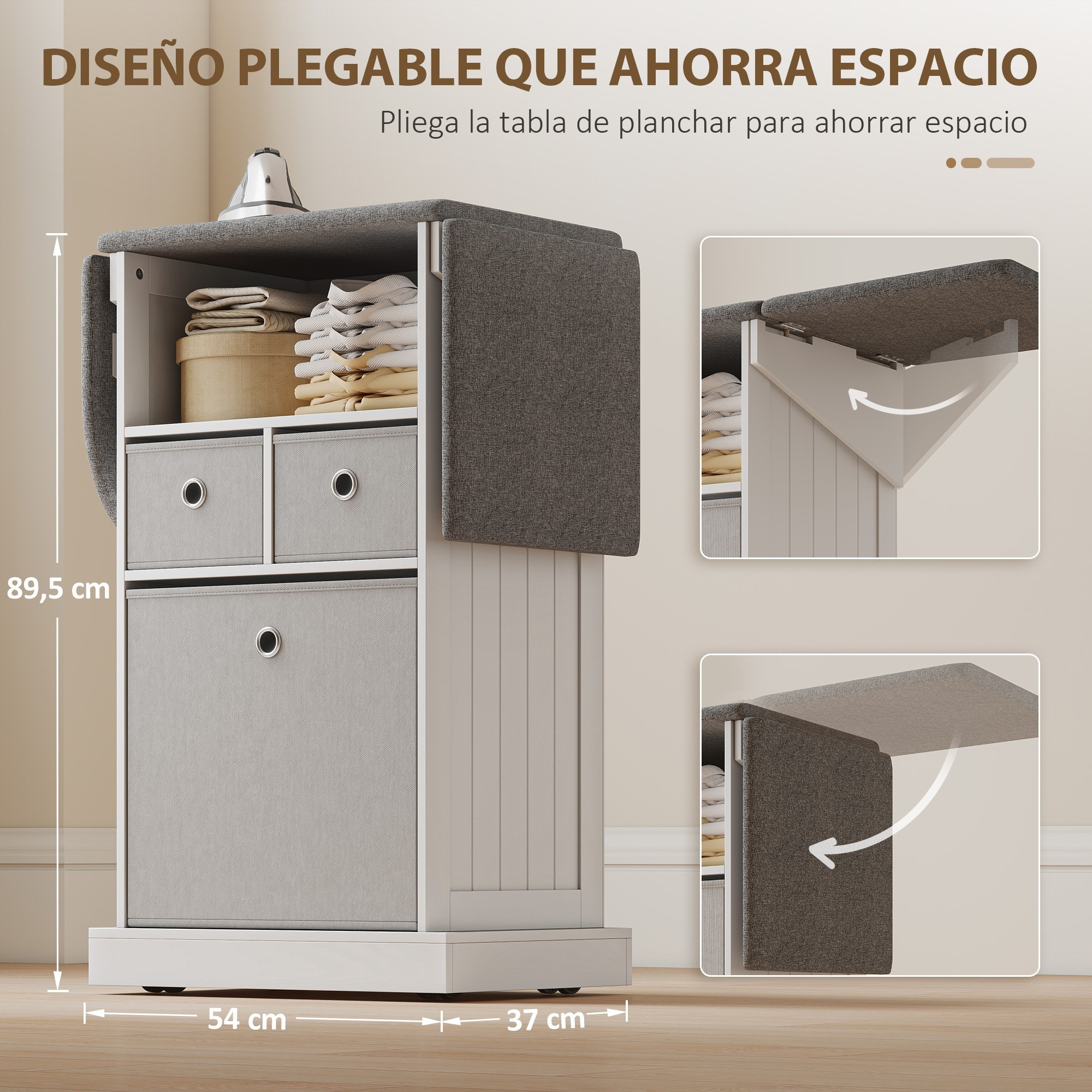 Mueble de Plancha con Ruedas, Tabla de Planchar Plegable, Mueble Planchador con 3 Cajones de Tela, Compartimento Abierto, 121x37x89,5 cm, Blanco