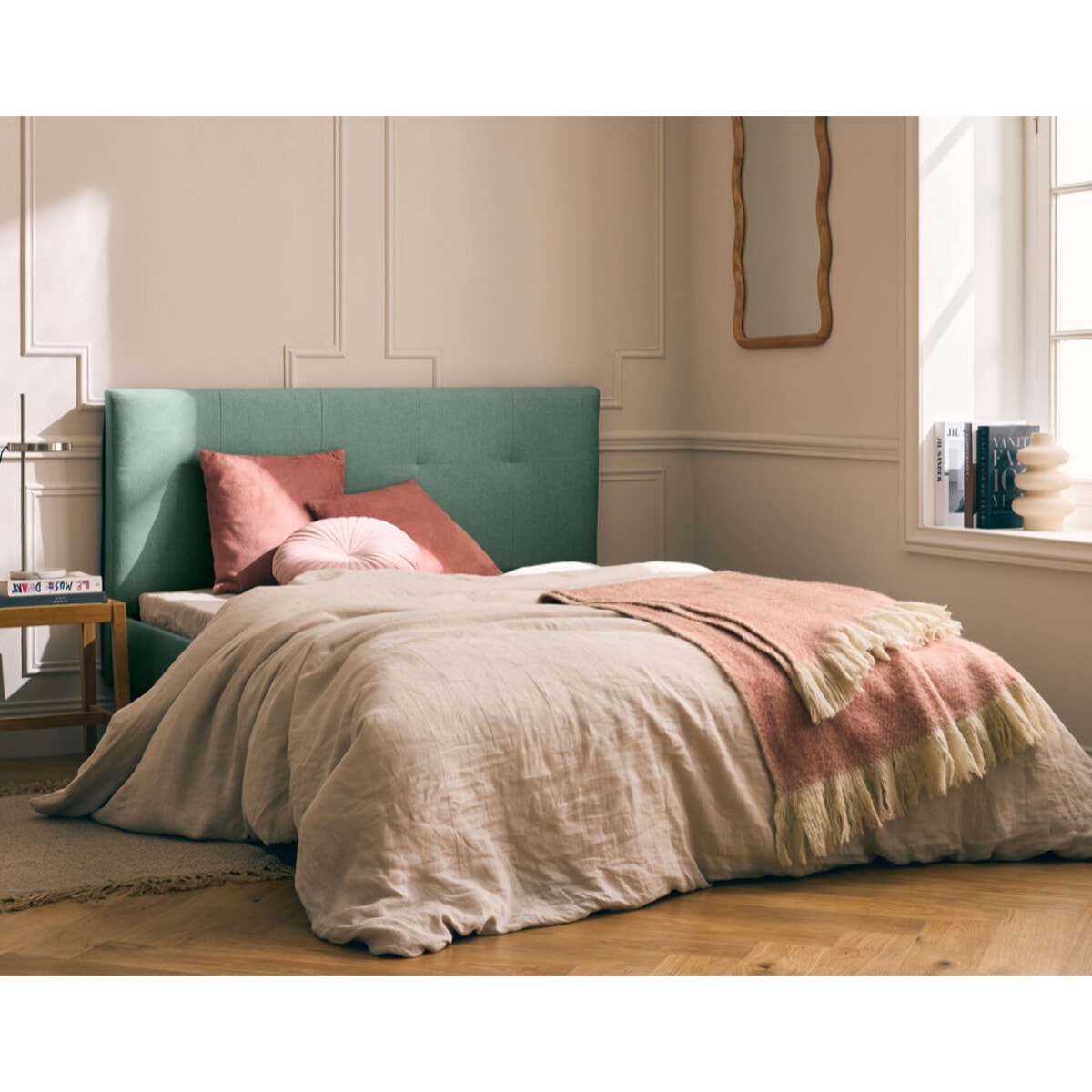 Monet - lit - 160x200 - sommier inclus - en tissu - Vert sauge