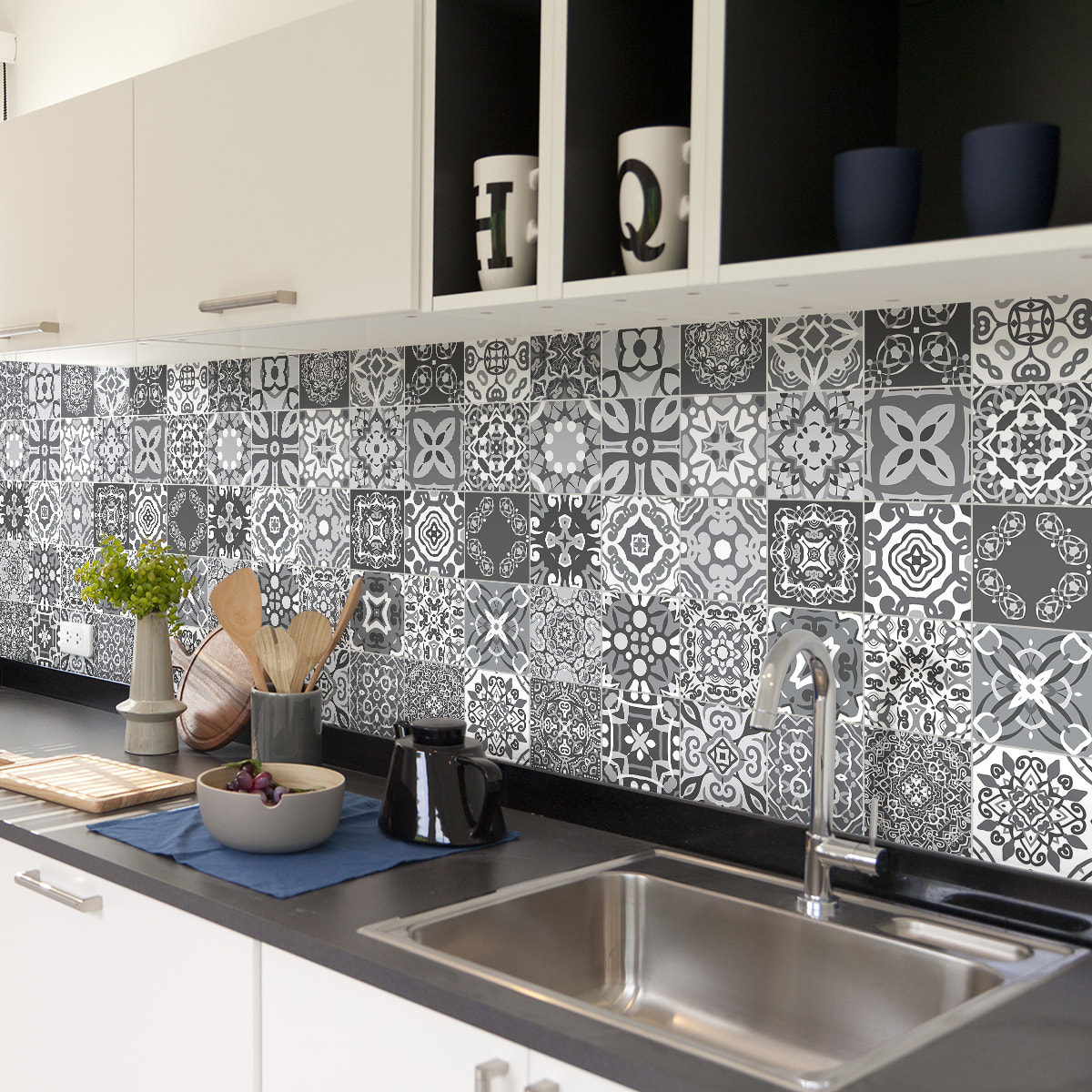 Stickers muraux - Sticker Mural Carrelage adhésif Cuisine Salle de Bain - 60 STICKERS CARREAUX DE CIMENT AZULEJOS ADALIA