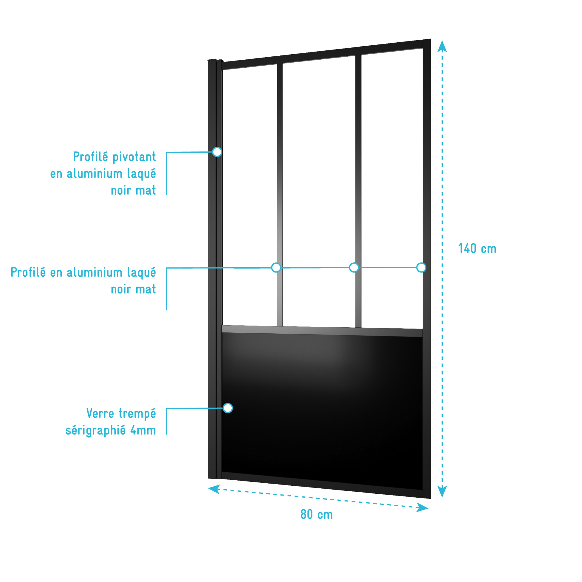 Pare Baignoire Pivotant 140x80cm Type Industriel - Profilé Noir Mat - Verre Trempé - GLASSY SCREEN