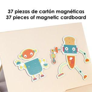 Gioco di creazione di robot magnetici. 37 pezzi di cartone magnetico, crea fantastici design di robot.