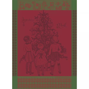 Torchon pur coton motif jacquard vert rouge Noel d'enfance houx