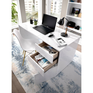 Scrivania Ardina, Scrittoio multiuso da ufficio o cameretta, Tavolo da studio lineare con 2 cassetti e 1 anta, 139x60h75 cm, Bianco lucido