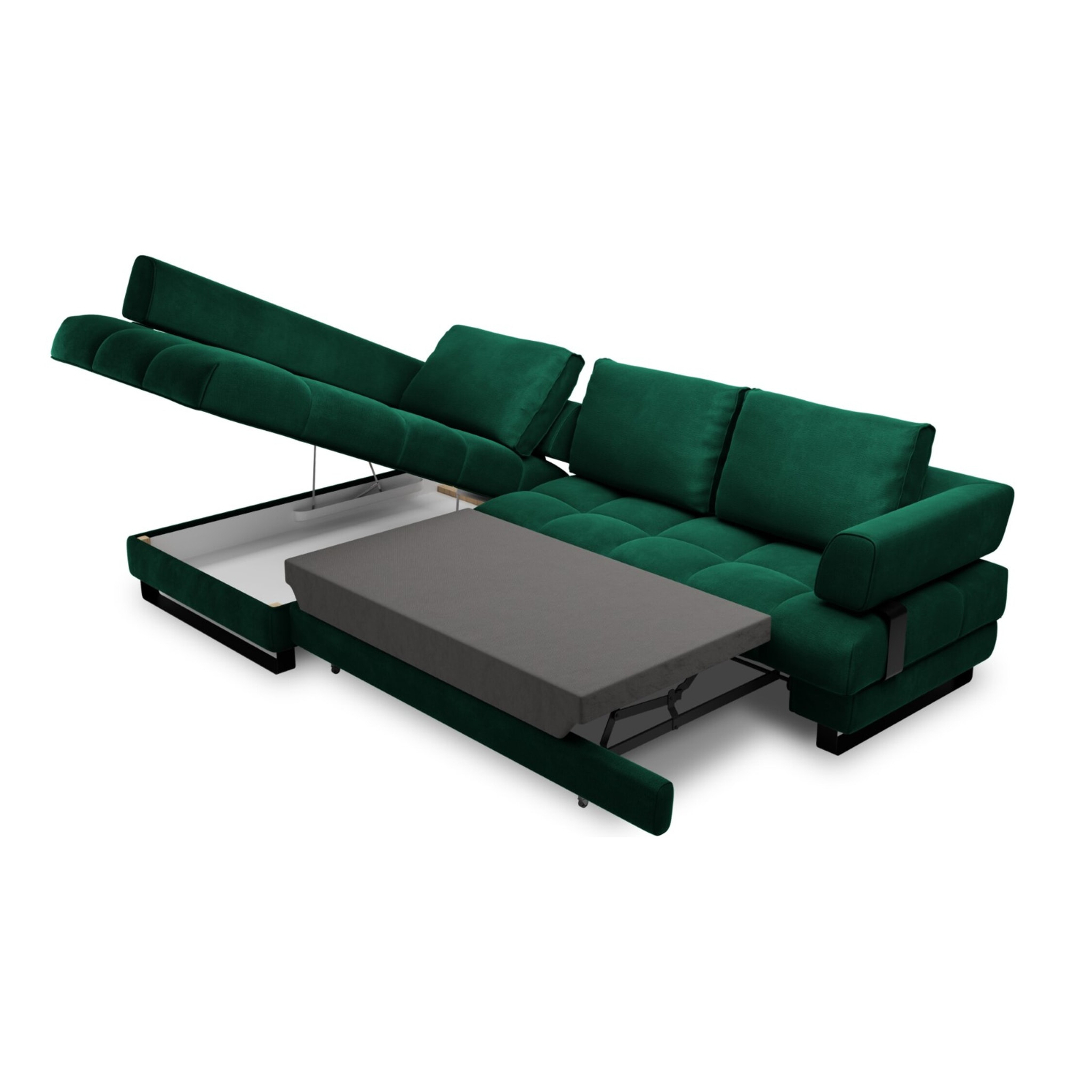 Canapé d'angle gauche convertible avec coffre de rangement "Clinton" 5 places en velours vert bouteille