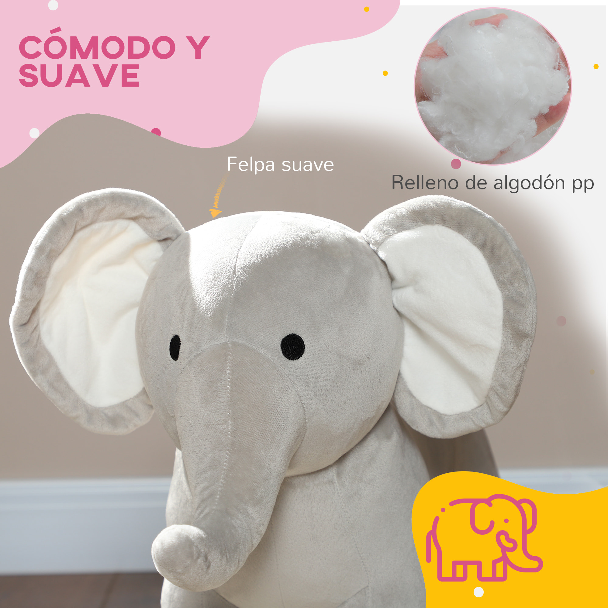 Caballo Balancín para Niños de 2-4 Años Caballo de Juguete en Forma de Elefante con Sonido Asas y Base de Madera Carga 40 kg 64,5x31x52 cm Gris