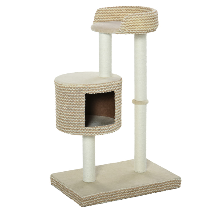 Arbre à chats style cosy chic griffoirs jute naturelle niche plateforme peluche courte bicolore beige café