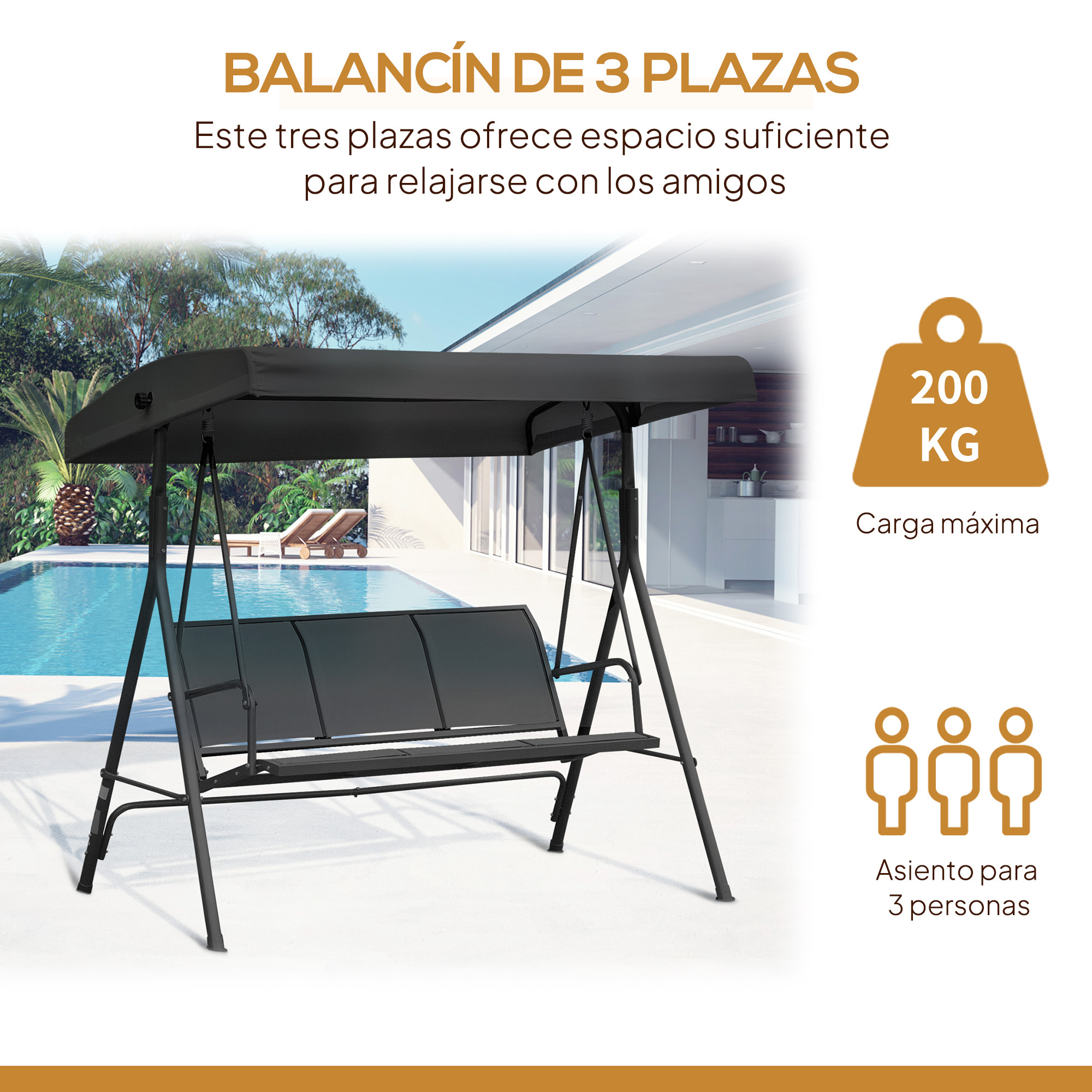 Columpio de Jardín Exterior de 3 Plazas con Toldo Reclinable, Balancín de Jardín Exterior con Respaldo Transpirable y Marco de Acero, para Terraza Balcón, 175x118x159 cm, Negro