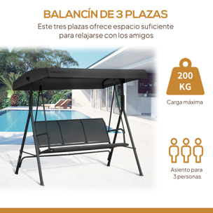 Columpio de Jardín Exterior de 3 Plazas con Toldo Reclinable, Balancín de Jardín Exterior con Respaldo Transpirable y Marco de Acero, para Terraza Balcón, 175x118x159 cm, Negro
