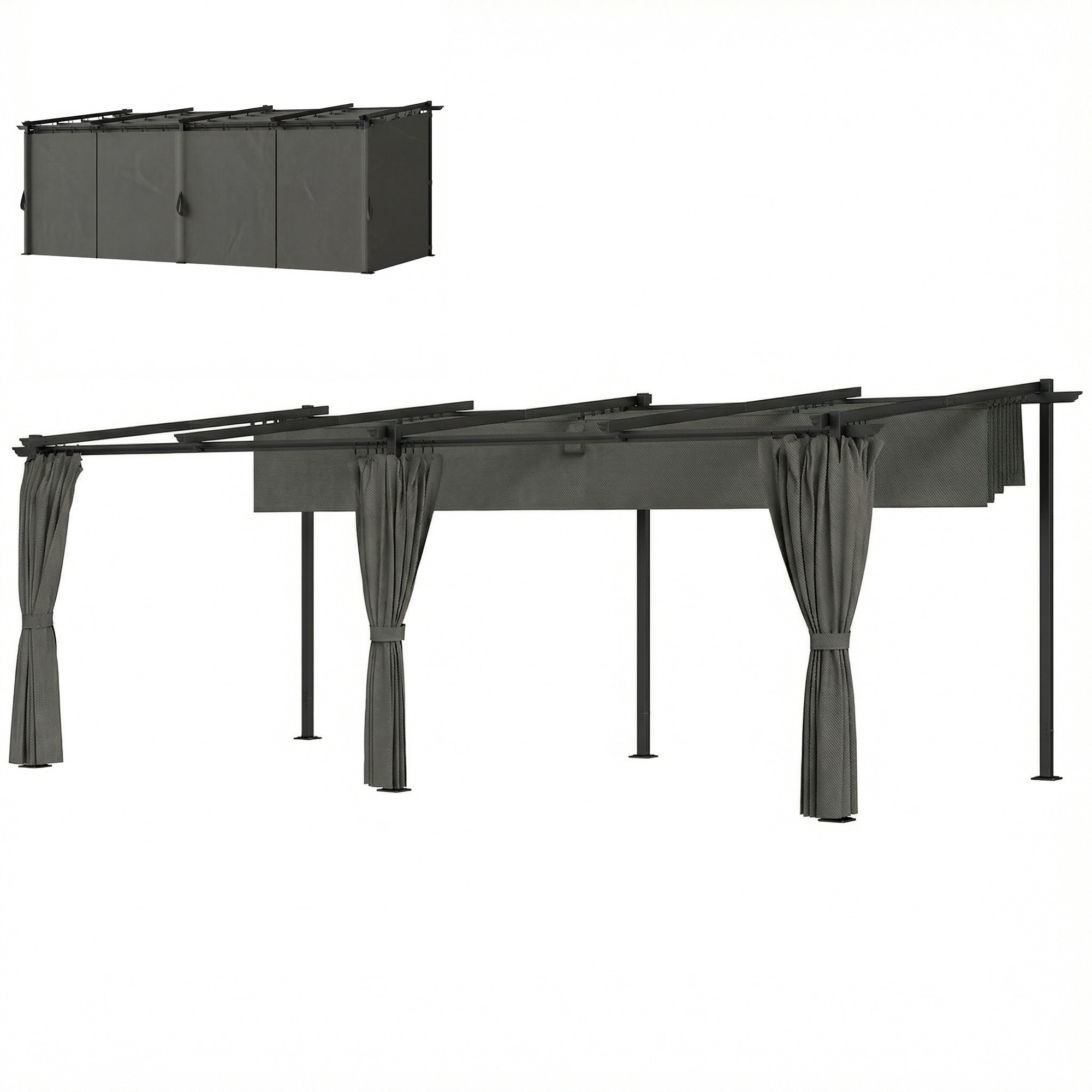 Pergola coulissante rétractable 3 x 6 m 4 rideaux latéraux amovibles alu métal toile anthracite