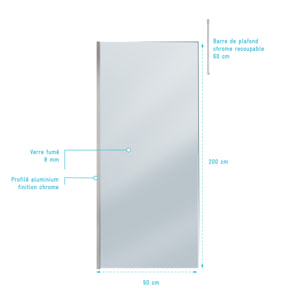 Paroi de Douche 90x200cm Verre Fumé - Profilé + Barre Plafond Finition Chrome - FREEDOM 2 SMOKED