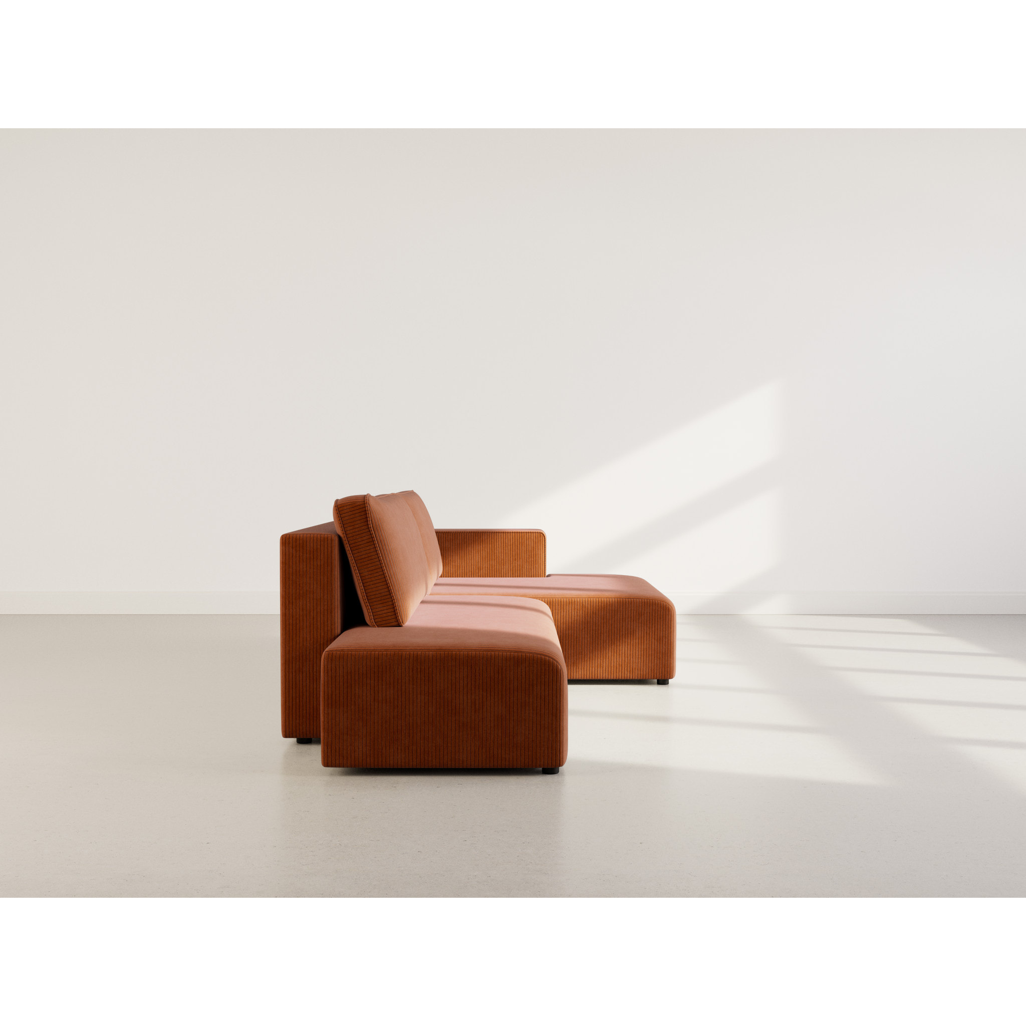 Topaze - canapé d'angle droit 4 places convertible avec coffre en velours côtelé - Terracotta