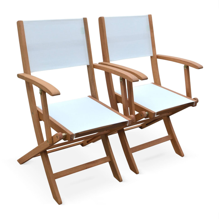 Fauteuils de jardin en bois et textilène - Almeria blanc - 2 fauteuils pliants en bois d'Eucalyptus huilé et textilène
