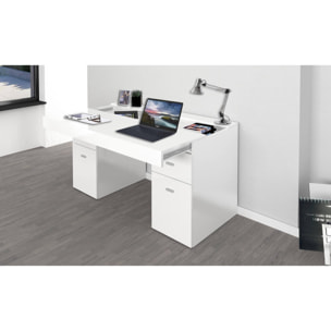 Scrivania per ufficio con cassettiera e piano contenitore, Made in Italy, Tavolo minimal, Scrittoio porta PC, cm 130x60h75, colore Bianco lucido