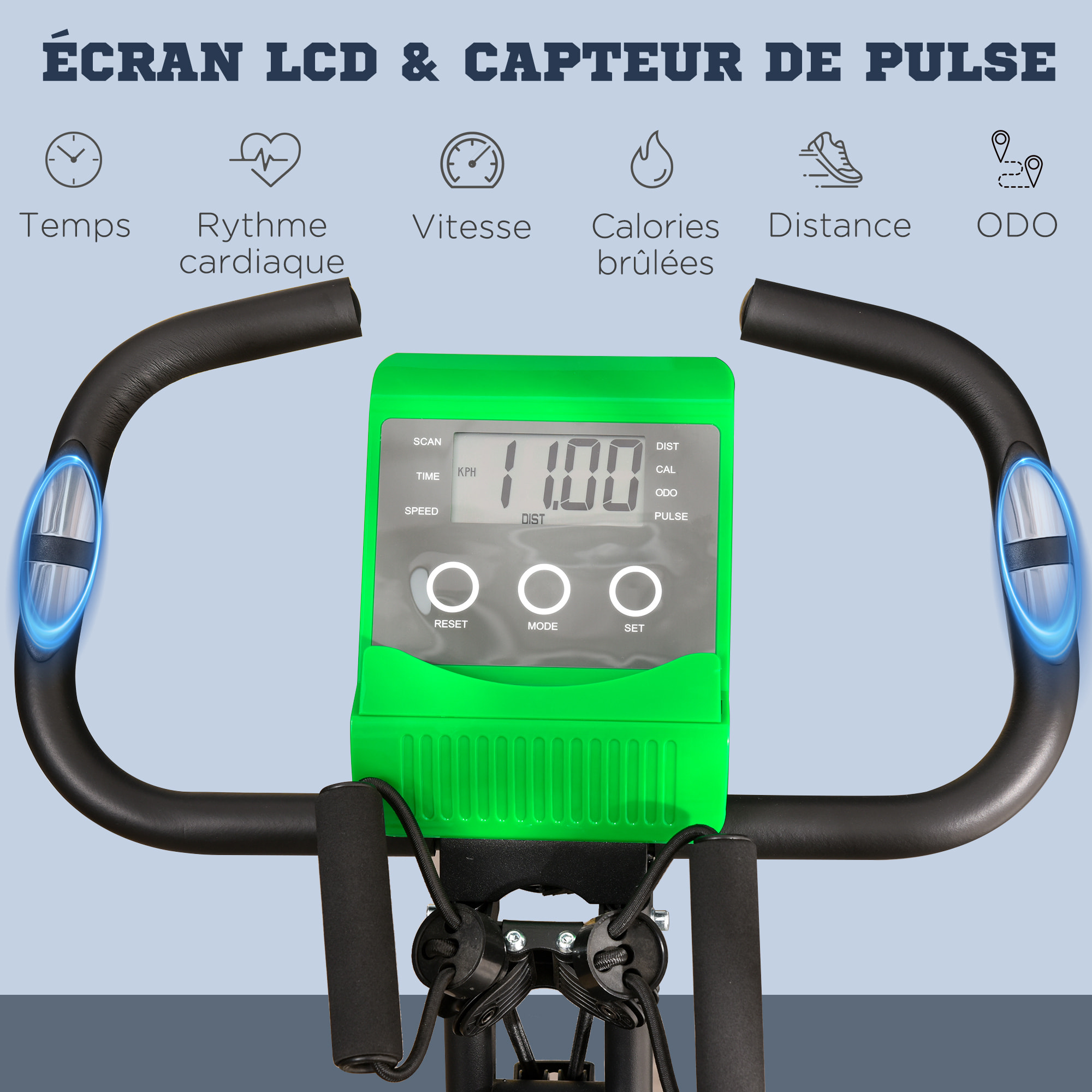 Vélo d'appartement pliant 8 niveaux de résistance magnétique dossier selle réglable poignées ergonomiques écran LCD multifonction suspensions support tablette acier vert noir