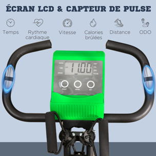 Vélo d'appartement pliant 8 niveaux de résistance magnétique dossier selle réglable poignées ergonomiques écran LCD multifonction suspensions support tablette acier vert noir