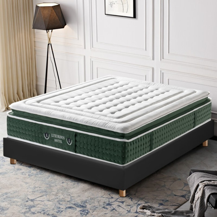 Ensemble matelas Emeraude & sommier déco| 33 cm | Mémoire de forme, gel et ressorts ensachés | Cadre à lattes | Simili cuir | Noir
