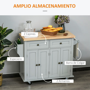 Isla de Cocina con Ruedas Carro de Cocina con 2 Cajones 4 Puertas Especiero Encimera de Madera y Barra Lateral para Comedor 111x44,5x82,5 cm Gris