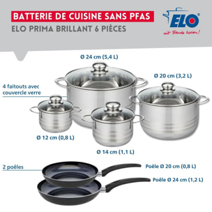 Ensemble de 2 Poêles de cuisson 20 et 24 cm et 4 faitouts 12, 14, 20 et 24 cm Elo Prima Brillant