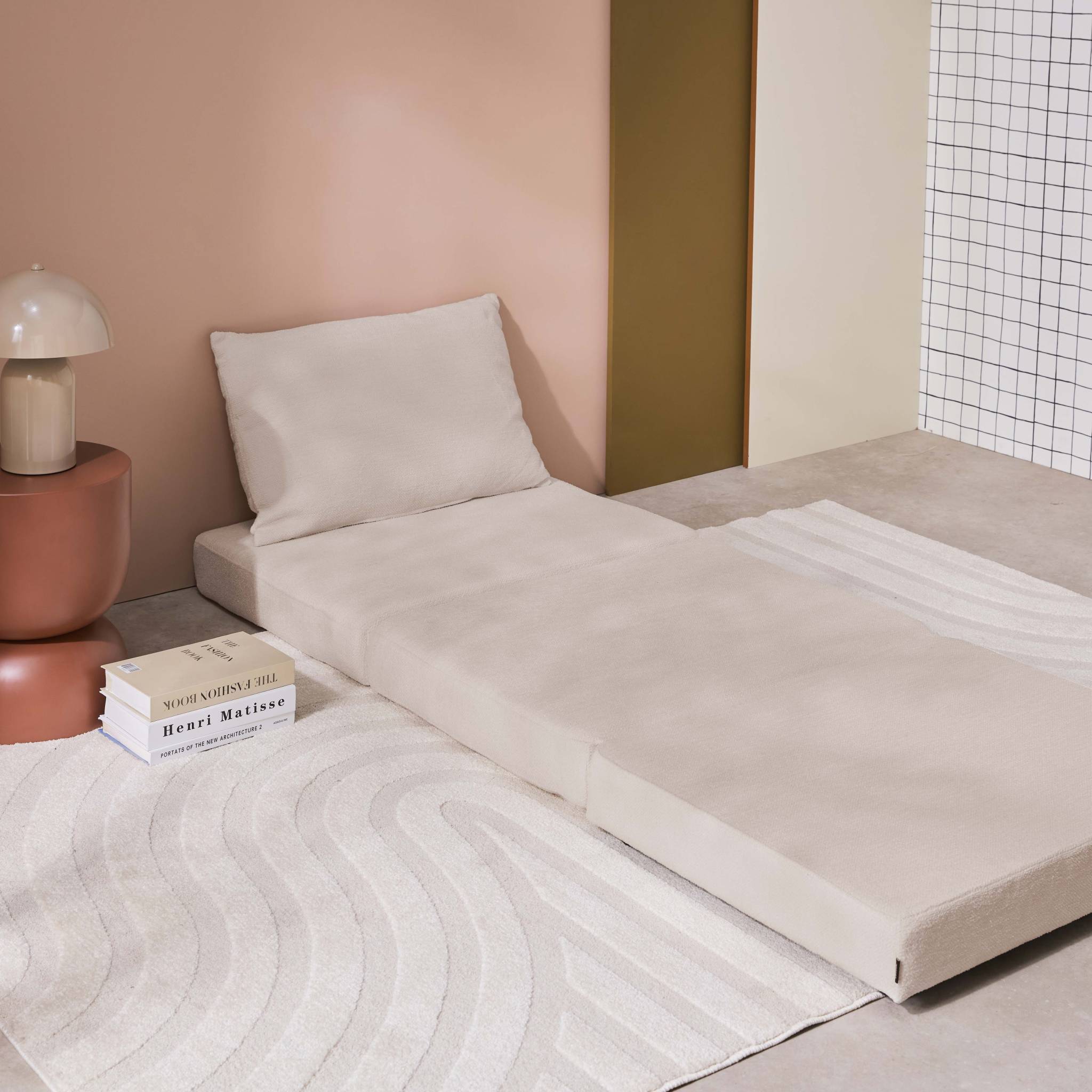 Chauffeuse matelas convertible beige tissu chenille 1 place Fold