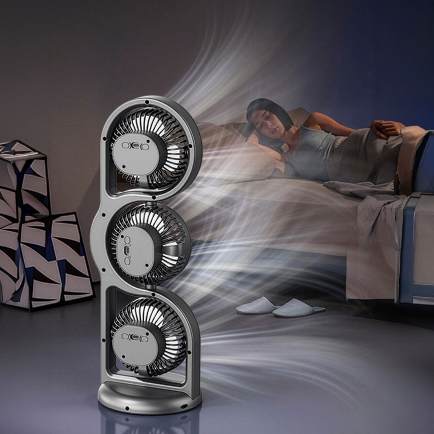 Ventilador de sobremesa F17. Con 3 ventiladores independientes, 5 velocidades por unidad y giro 360° vertical y horizontal. Incluye iluminación con 3 niveles de intensidad.