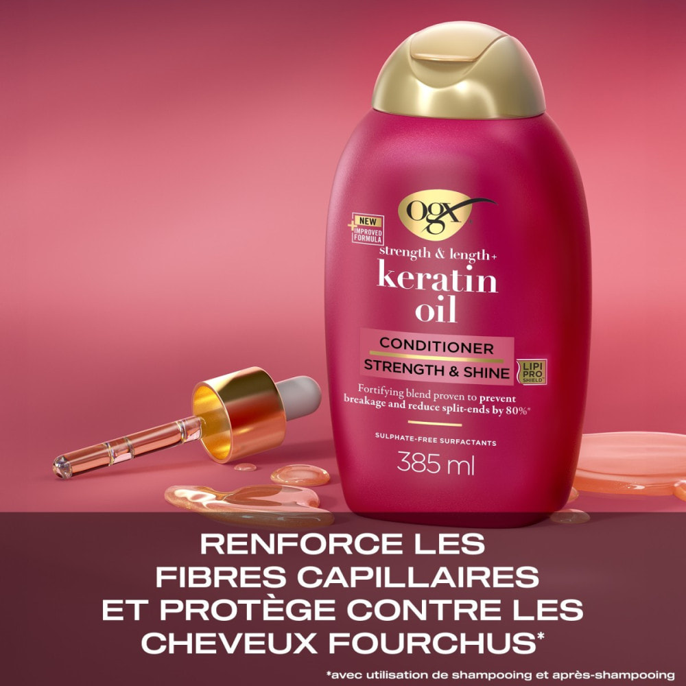 OGX Après-Shampooing Fortifiant Huile de Kératine, 385 ml – Soin capillaire renforçateur pour cheveux abîmés et cassants – Après