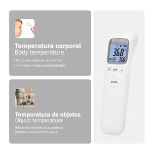 Termómetro frontal infrarrojo CK-T1803 con medición rápida en 0,5 segundos y alta precisión. Modos de temperatura corporal y de superficies con pantalla LCD, memoria de registros y apagado automático.