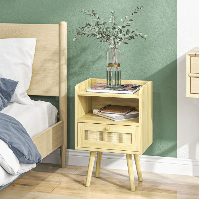 Lot de 2 chevets tables de nuit style bohème cannage - tiroir, niche - bois de pin effet bois clair
