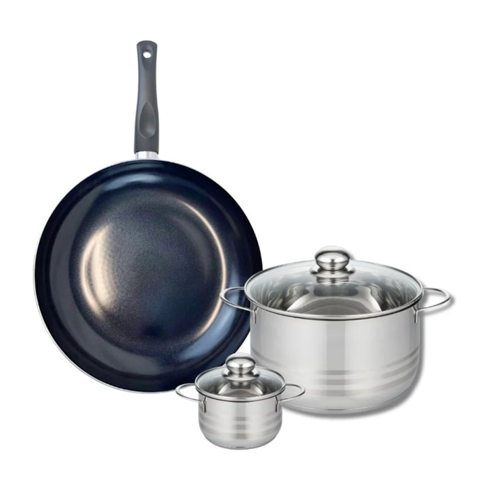 Ensemble de 1 Poêle de cuisson 32 cm et 2 faitouts 12 et 24 cm Elo Prima Brillant