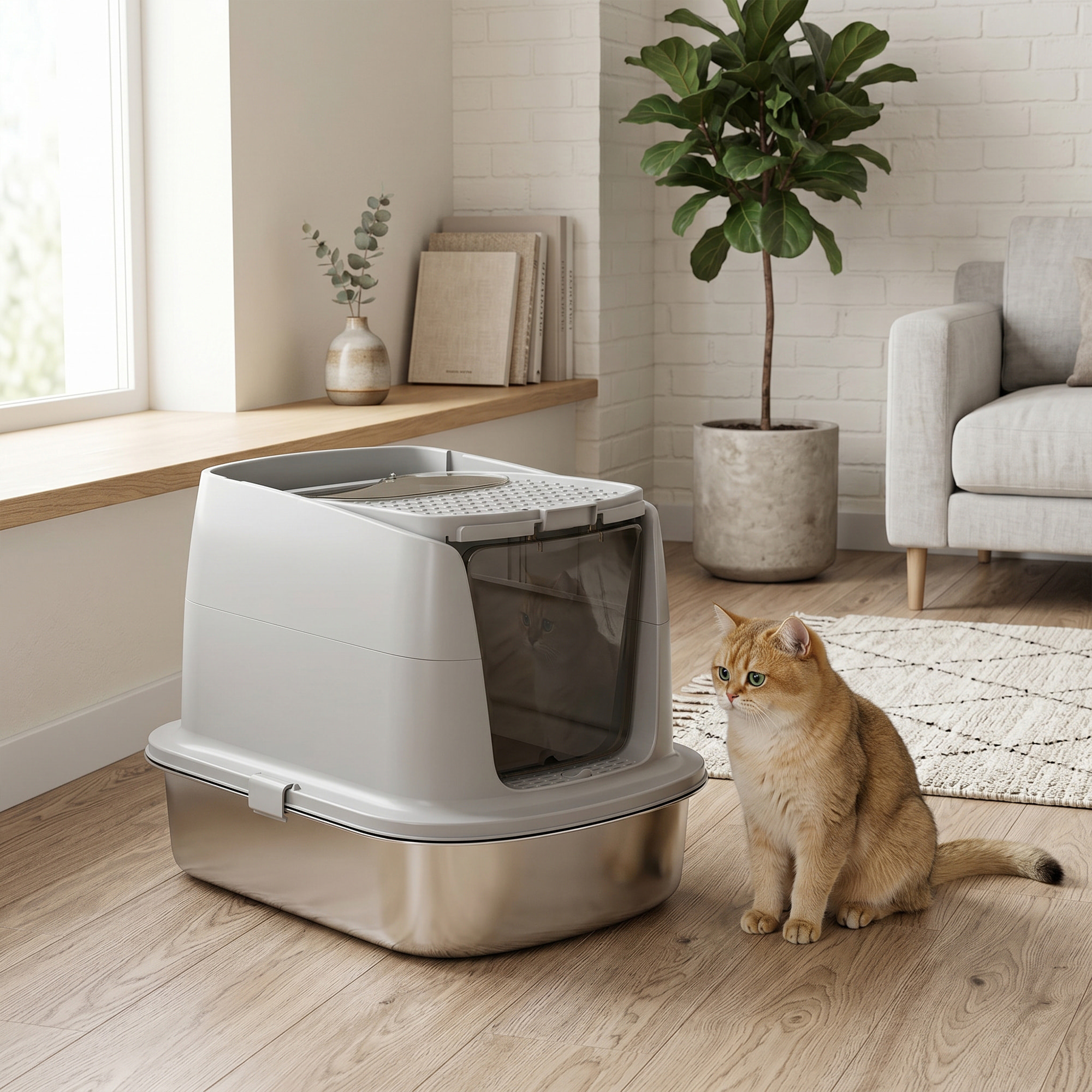 Arenero para Gatos de Acero Inoxidable L, Caja de Arena para Gatos con Tapa Abatible, Pala Metálica, Bolsa Desodorizante, Fácil de Limpiar, Antifugas, Gris Claro