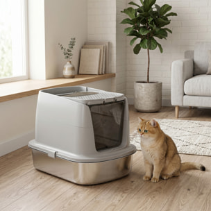 Arenero para Gatos de Acero Inoxidable L, Caja de Arena para Gatos con Tapa Abatible, Pala Metálica, Bolsa Desodorizante, Fácil de Limpiar, Antifugas, Gris Claro