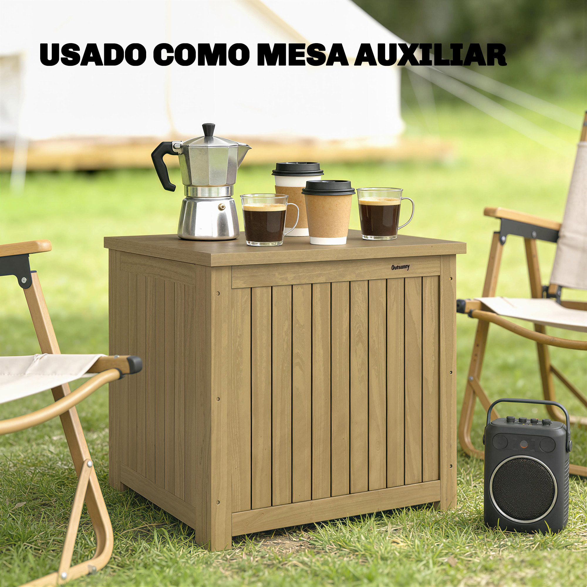 Arcón Exterior de Madera, 130L, Baúl Almacenaje Exterior con Forro, Tapa con Bisagras y Correa, Impermeable, Resistente a la Intemperie, para Jardín, Terraza, Patio, 63x51x58,5 cm, Marrón