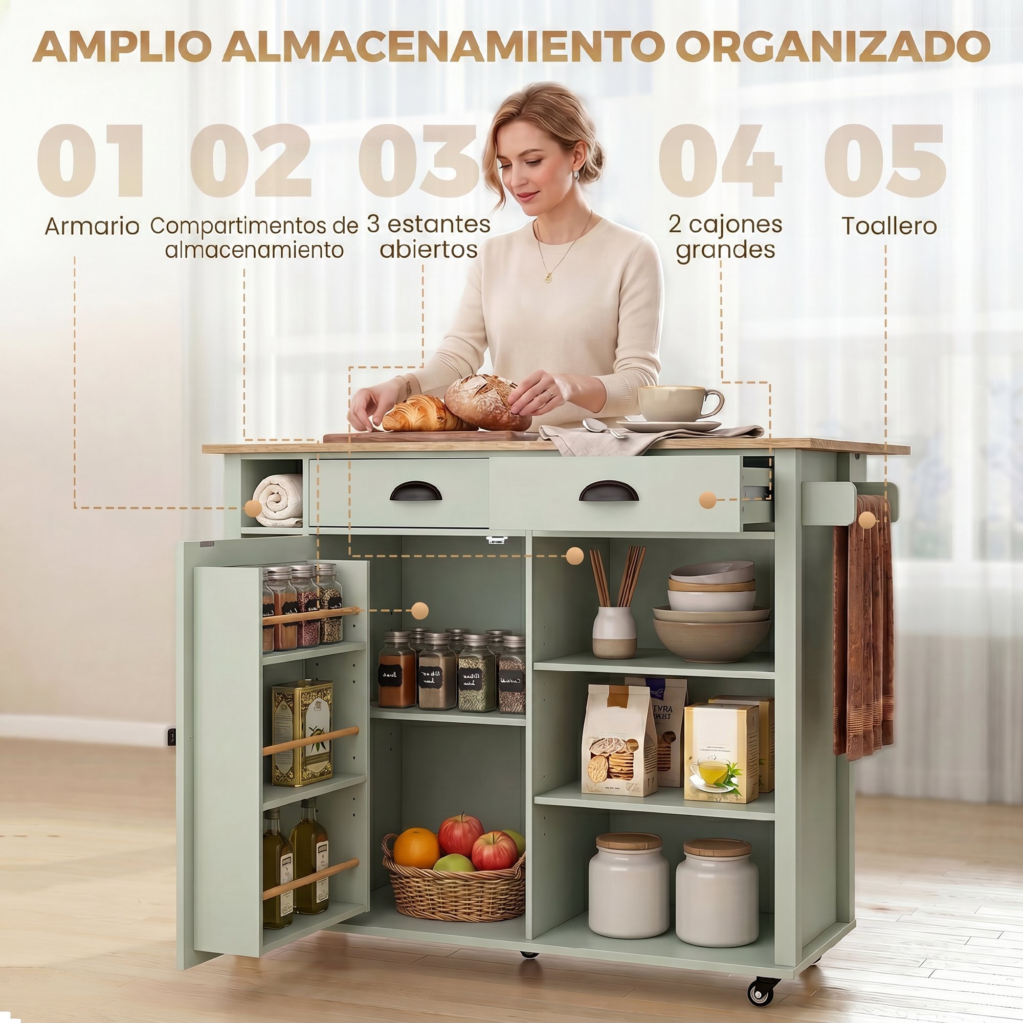 Isla de Cocina con Tablero Plegable y Ruedas, Mueble Auxiliar de Cocina con Especiero, Toallero, Armario, 2 Cajones, Estantes Abiertos, 117,5x70x91 cm, Verde Claro