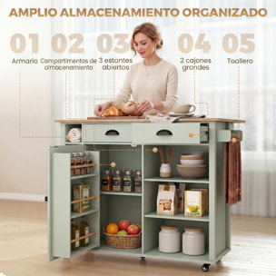 Isla de Cocina con Tablero Plegable y Ruedas, Mueble Auxiliar de Cocina con Especiero, Toallero, Armario, 2 Cajones, Estantes Abiertos, 117,5x70x91 cm, Verde Claro