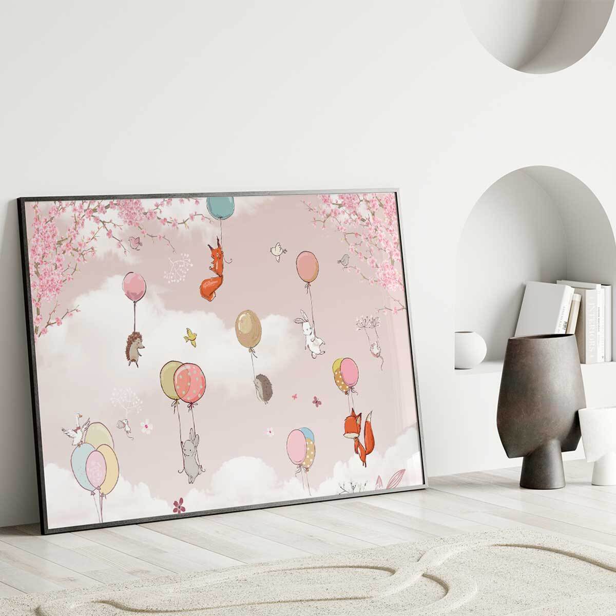 Affiche encadrée animaux ballons ciel rose Affiche + cadre en métal - Noir